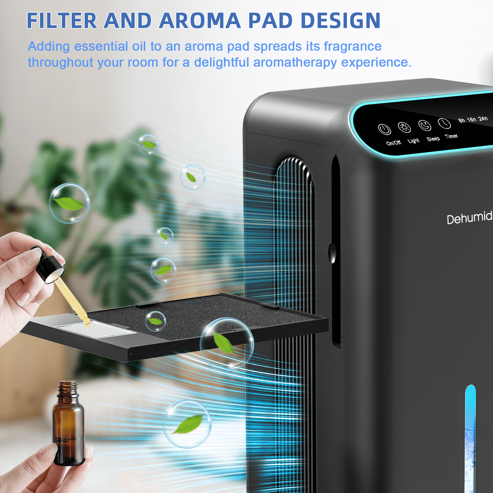 Zeova Dehumidifier, 86 OZ Dehumidifiers for Home (800 Sq.ft), Dehumidifier for Bedroom with Essential Oil Diffuser, 7 Color LED Light, 24H Timer, Auto Shut-off, Ideal for Bathroom Closet RV (Black)