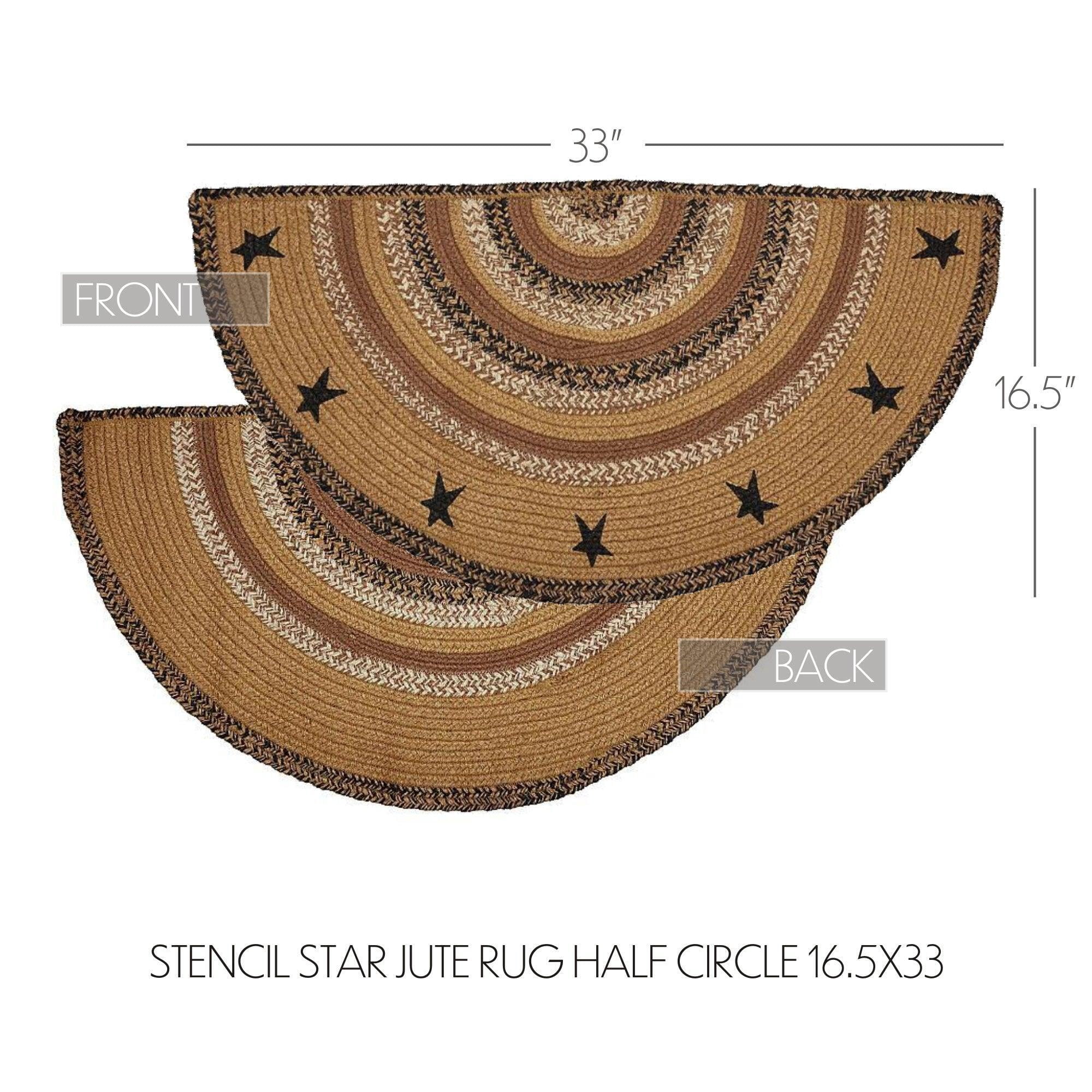 VHC Brands Kettle Grove Primitive Jute Tan Accent Rug Half Circle Stencil Stars w/Floor Pad 16.5"x33"