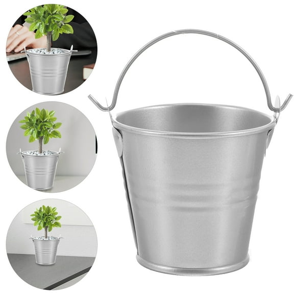 ETEREAUTY Metal Flower Bucket with Handle Silver Iron Small Flower Pot for Garden Decor