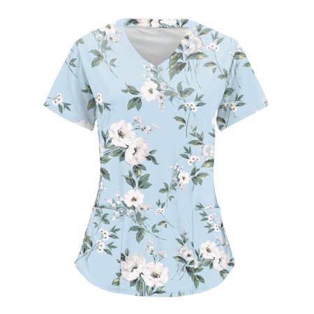 

Women Scrubs Tops Leopard Print Short Sleeve V Neck Workwear Tshirt Top Blouse With Pockets Comfortable Nursing Uniform