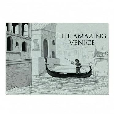 Venice Cutting Board, Canals of Venice Gondolier on Water Historical European City Sketch, Decorative Tempered Glass Cutting and Serving Board, Small Size, Black White, by Ambesonne