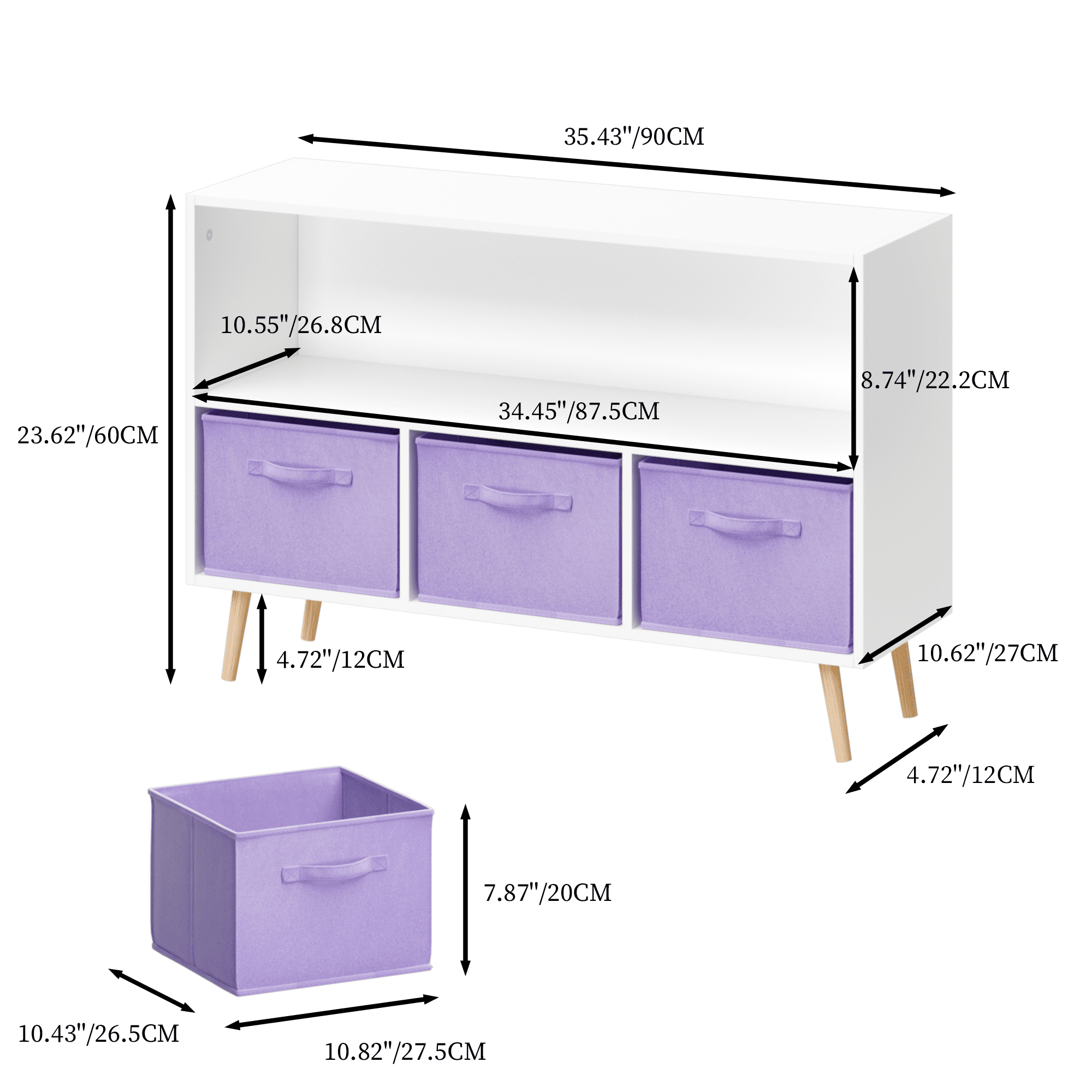 Aukfa Kids Bookcase with 3 Collapsible Drawers, Display Stand Toy Storage Organizer for Bedroom/Playroom,Purple