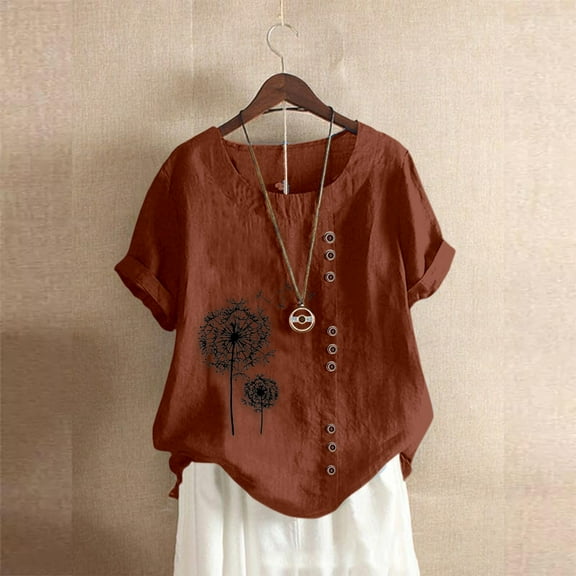 Brown Women's Short Sleeve T-shirt, Women'S Cotton Linen Shirts Summer Casual Boho Floral Short Sleeve Blouse Oversized Loose Ladies Tunic Tops,Women's Short sleeve T-shirt 5XL
