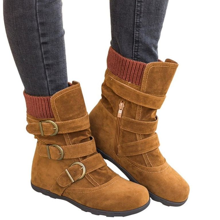 POROPL Mid-Calf Boots For Women Flat Teacher Casual Boots For