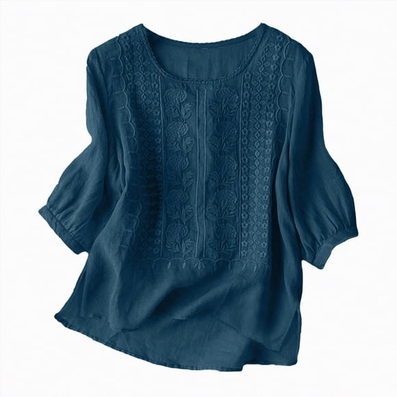 WUANDIXFA Ladies Long Sleeve Tops Linen Shirts for Women Retro Embroidery Summer Loose 3/4 Sleeve Tshirts Tunic Tops Casual Blouses Boho Clothes Dark Blue,XL