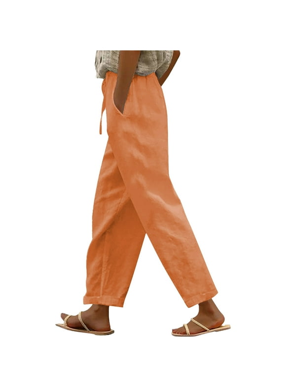 Linen Elastic Waist Pants - Straight Leg Casual Slit Trousers, Brown Women Solid Straight Solid Elastic Pants Long Linen Women Waist Cotton Casual Slit Trouser Legs Pants