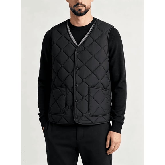 Men's Sherpa Fleece Lined Quilted Vest, V‑Neck Snap Button Sleeveless Warm Gilet Jacket with Pockets, Lightweight Insulated Waistcoat for Fall Winter Daily Wear