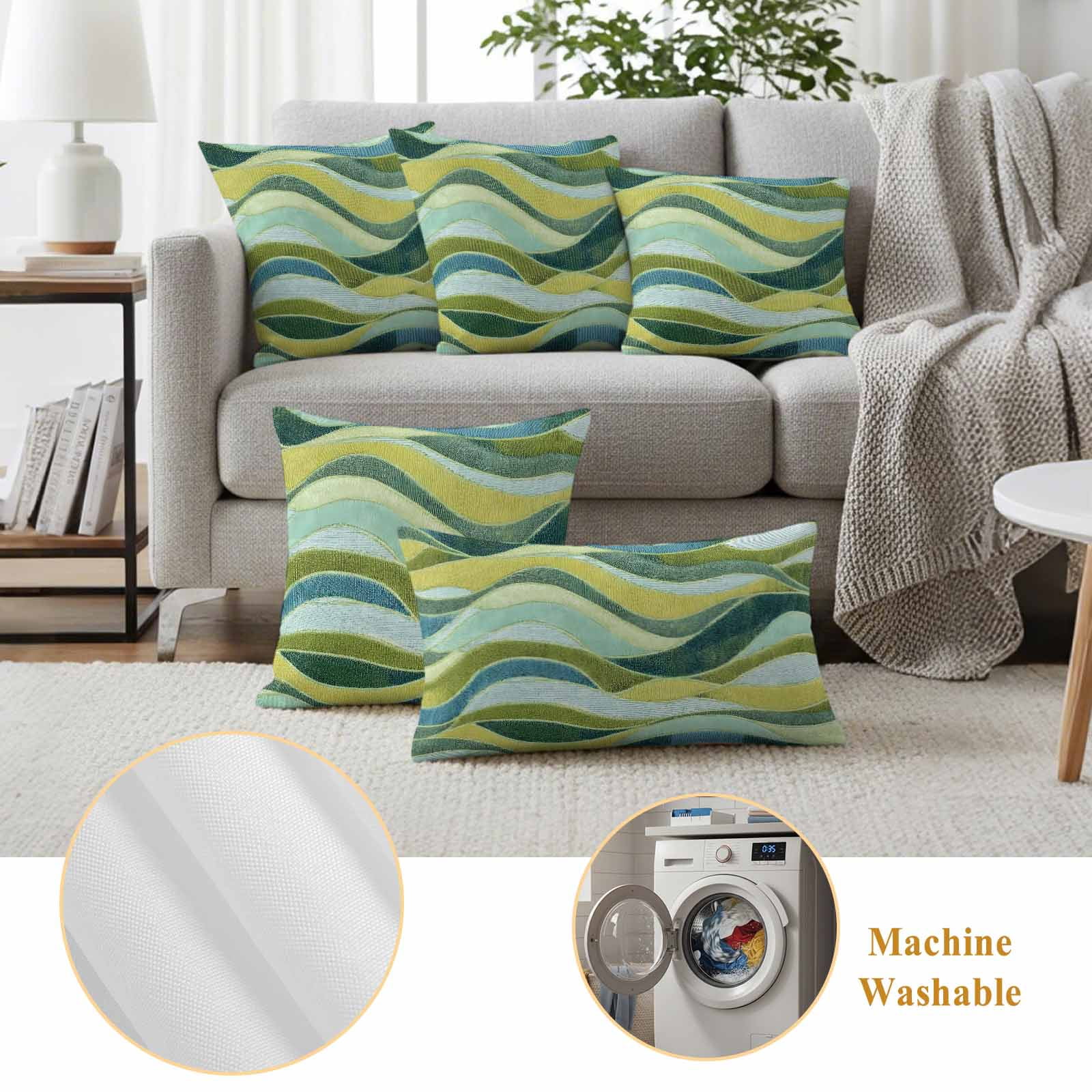 Teal Green Ombre Outdoor Waterproof Pillow Covers, Modern Abstract Moire Wave Striped Decorative Square Throw Pillowcase Sofa Cushion Sham for Patio/Couch/Chair, 24"x24" 2 Pack