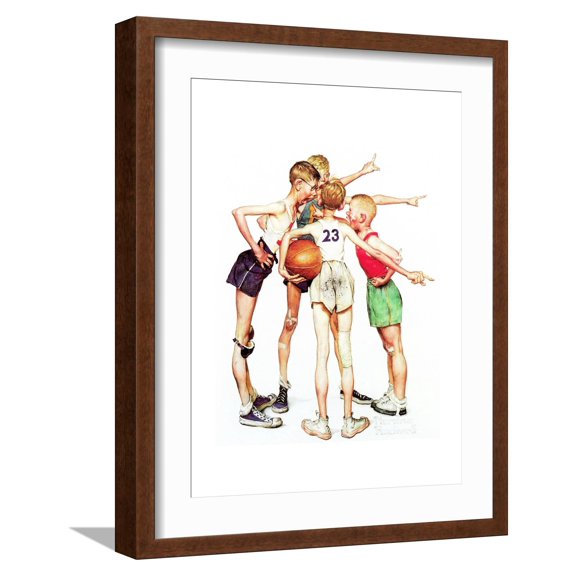 Art.com Four Sporting Boys: Basketball Giclee Print by Norman Rockwell, Brown Frame Wall Art, 17" x 21"