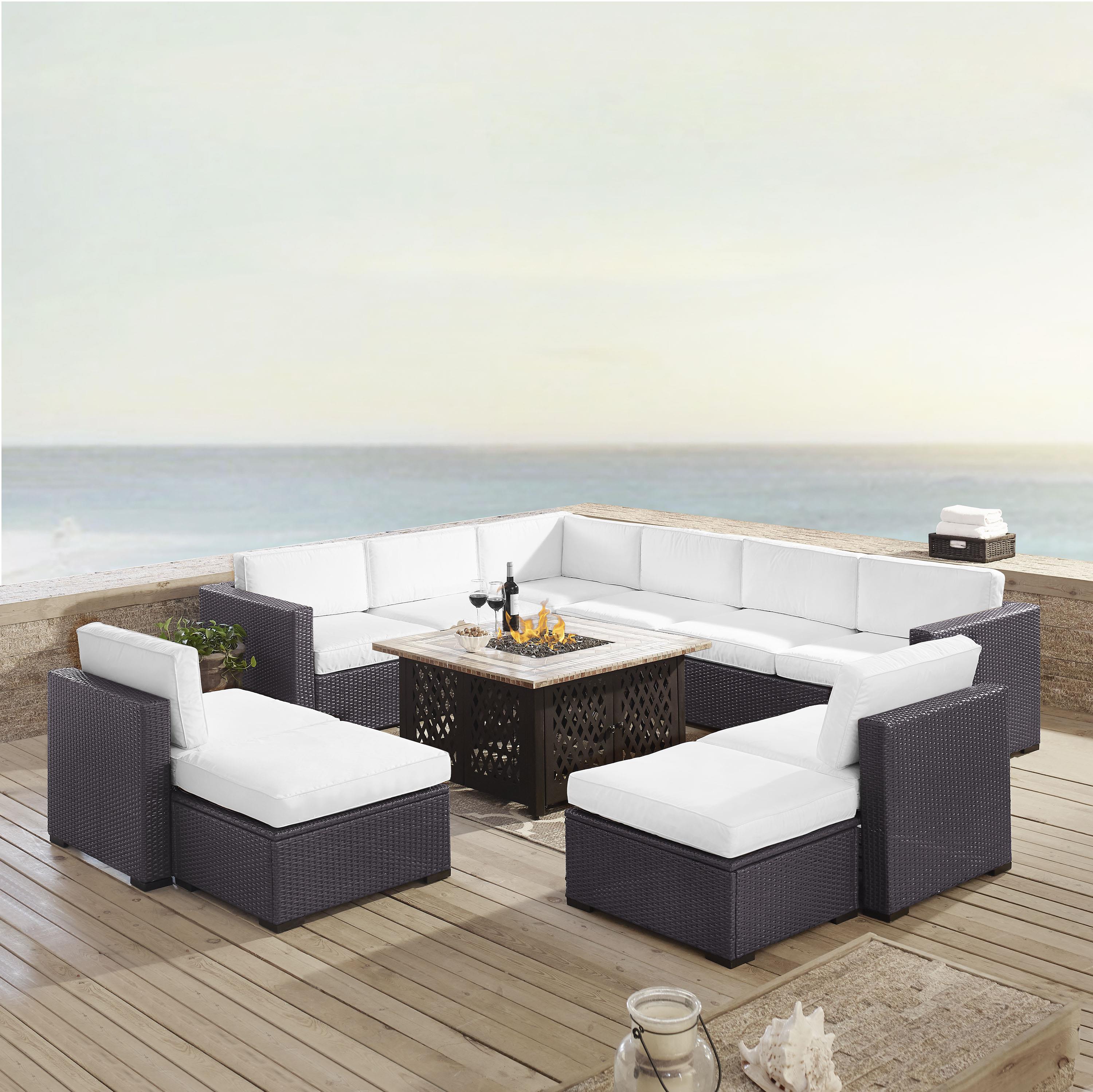 Crosley Furniture Biscayne 8 Piece Fabric Patio Fire Pit Sectional Set in White - image 2 of 4