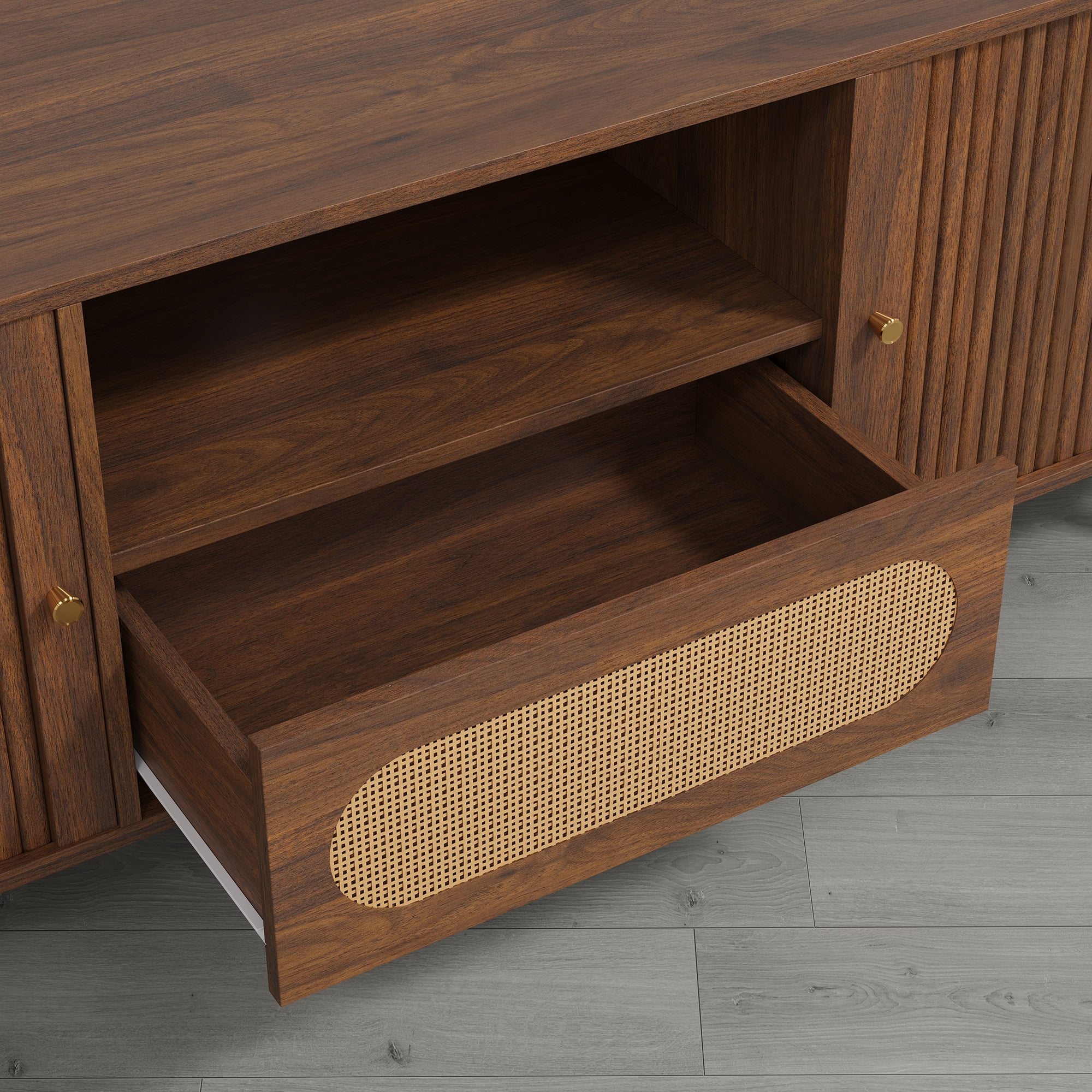 Spruce & Spring Tambour TV Stand with Power Outlet, Mid-Century Modern Entertainment Center, Rattan Drawer & Fluted Sliding Doors, Solid Wood Legs & Cable Management, Walnut, for TVs up to 80 Inch