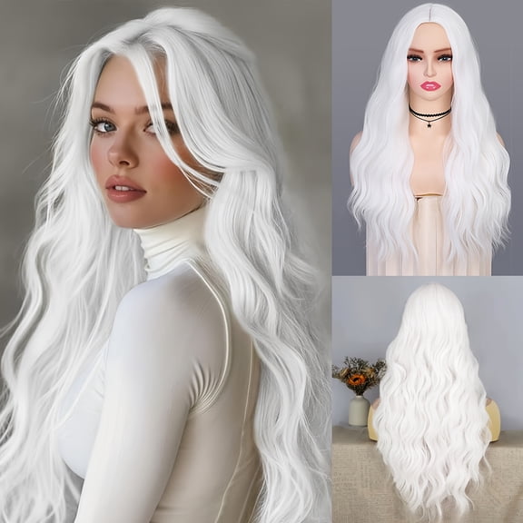 Lady Miranda 28" Curly Wavy White Synthetic Wig | Heat Resistant | 150% Density | Rose Net Cap | Middle Eastern Collection for Cosplay & Everyday Wear