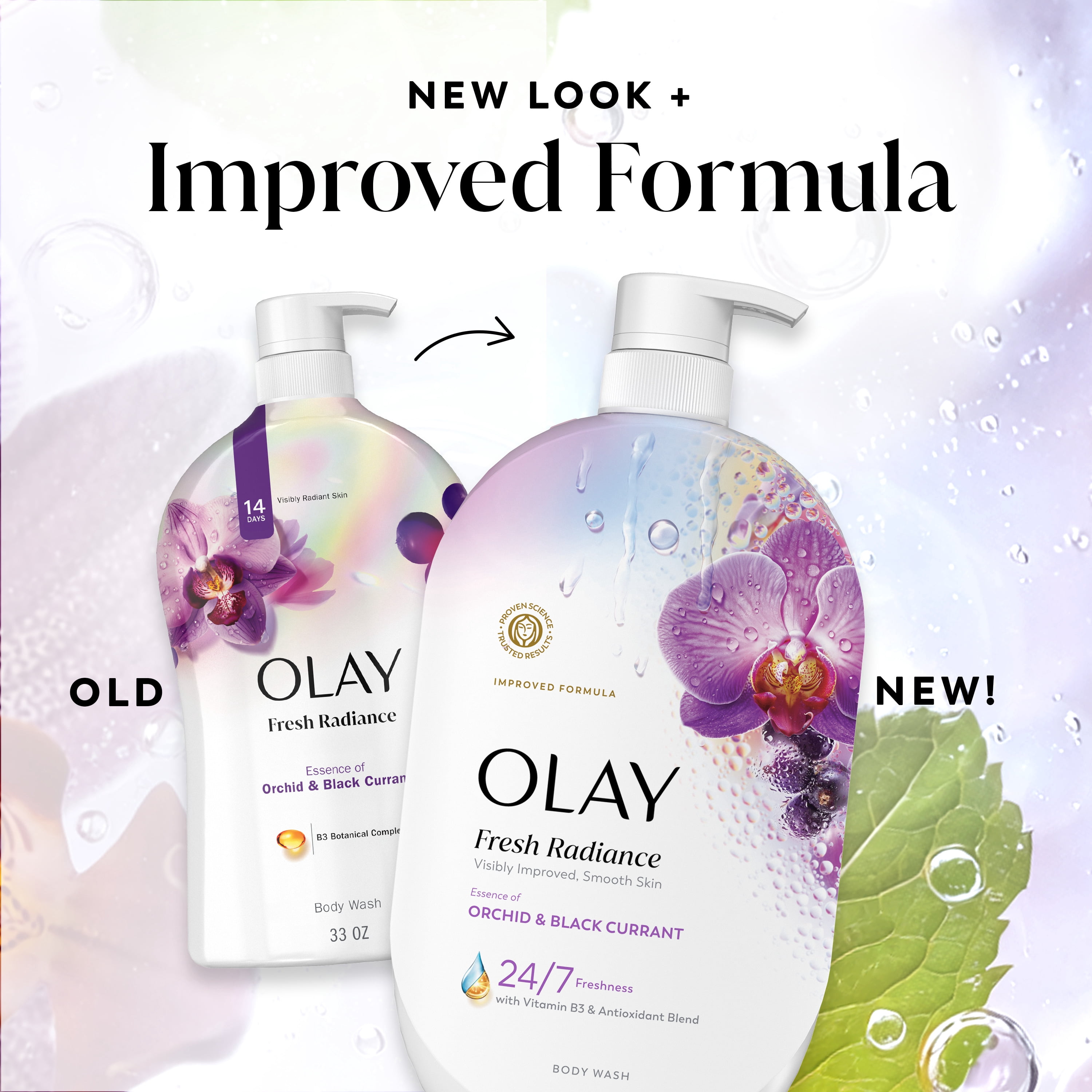 (4 pack) Olay Fresh Radiance Body Wash, Orchid & Black Currant, with Vitamin B3, 35 fl oz