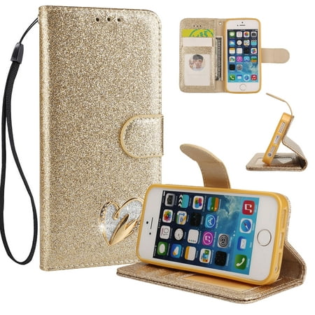 iPhone 5 5S Case Wallet, iPhone SE (2016 Edition) Case, Allytech Glitter Folio Kickstand with Wristlet Lanyard Shiny Sparkle Luxury Bling Card Slots Slim Cover for Apple iPhone 5 5S SE(2016) (Gold)