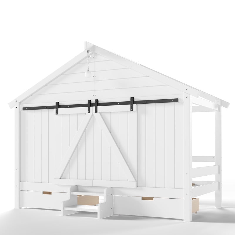 Twin Size Farmhouse House Bed with Sliding Barn Doors & Light Bulb, Wood Kid's Platform Bed Frame with Stair & Drawers