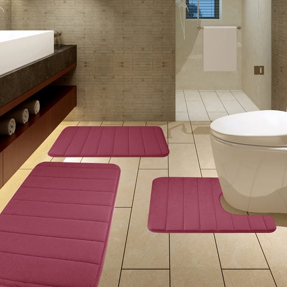 3 Piece Memory Foam Bath Mat Set with U-Shaped Toilet Mat Bathroom Rugs Soft Comfortable Water Absorption Bath Carpet Non-Slip Thick Machine Washable for Kitchen/Living Room(Burgundy)