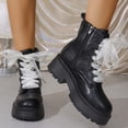 thumbnail image 2 of Women's Leather Lace up Combat Boots Platform Comfortable Lug Sole Chunky Casual Fall Winter Warm Motorcycle Booties a-Black Size 9, 2 of 7