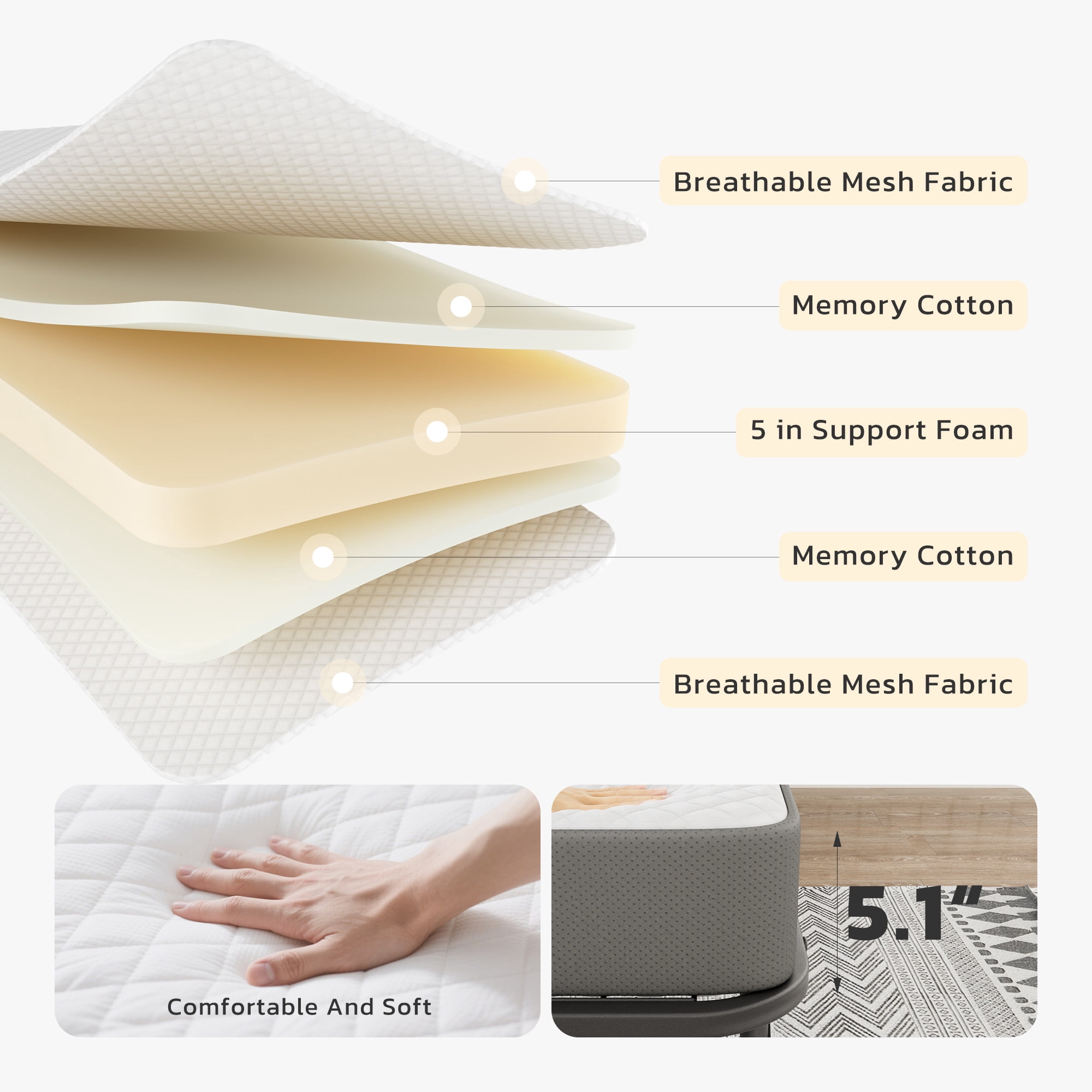 SUNCROWN Folding Bed with Mattress, 75" x 31"Portable Foldable with 5" Thick Foam Frame Roll Away Beds, Single Cot Folded Bed for AdultsStudents, Small Apartment, Camping