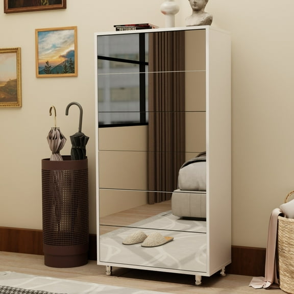 White Mirror Shoe Cabinet with 6 Flip-Down Drawers, Metal Legs & Anti-Tip Design for Hallway Storage