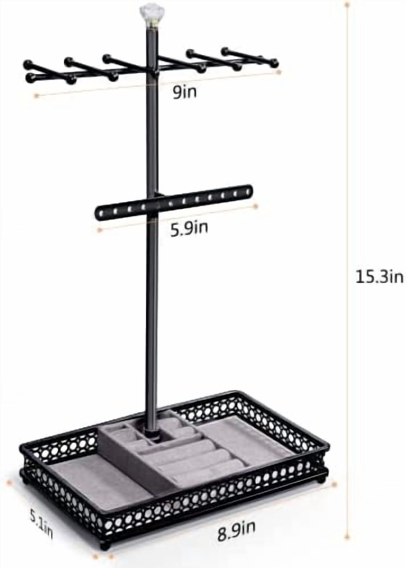 Jewelry Tree Stand Organizer 3in1 Necklace Organizer Display Bracelet Earrings and Ring Tray Jewelry Holder Hanger Metal（Black）