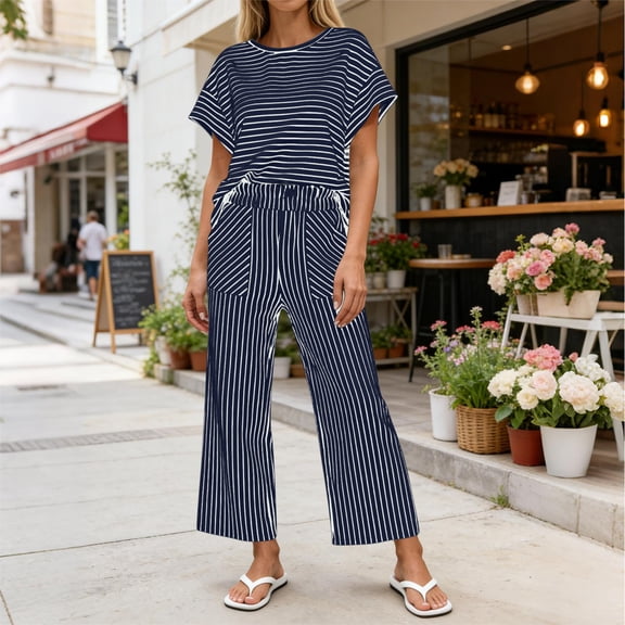 Mifsaly Striped Lounge Set for Women 2 Piece Short Sleeve Relaxed Top and High Waisted Wide Leg Pants with Pockets Flowy Trendy Casual Summer Beach Vacation Matching Outfits Navy,L