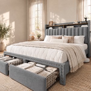 EnHomee Queen Bed Frame with Storage Drawers, Gray