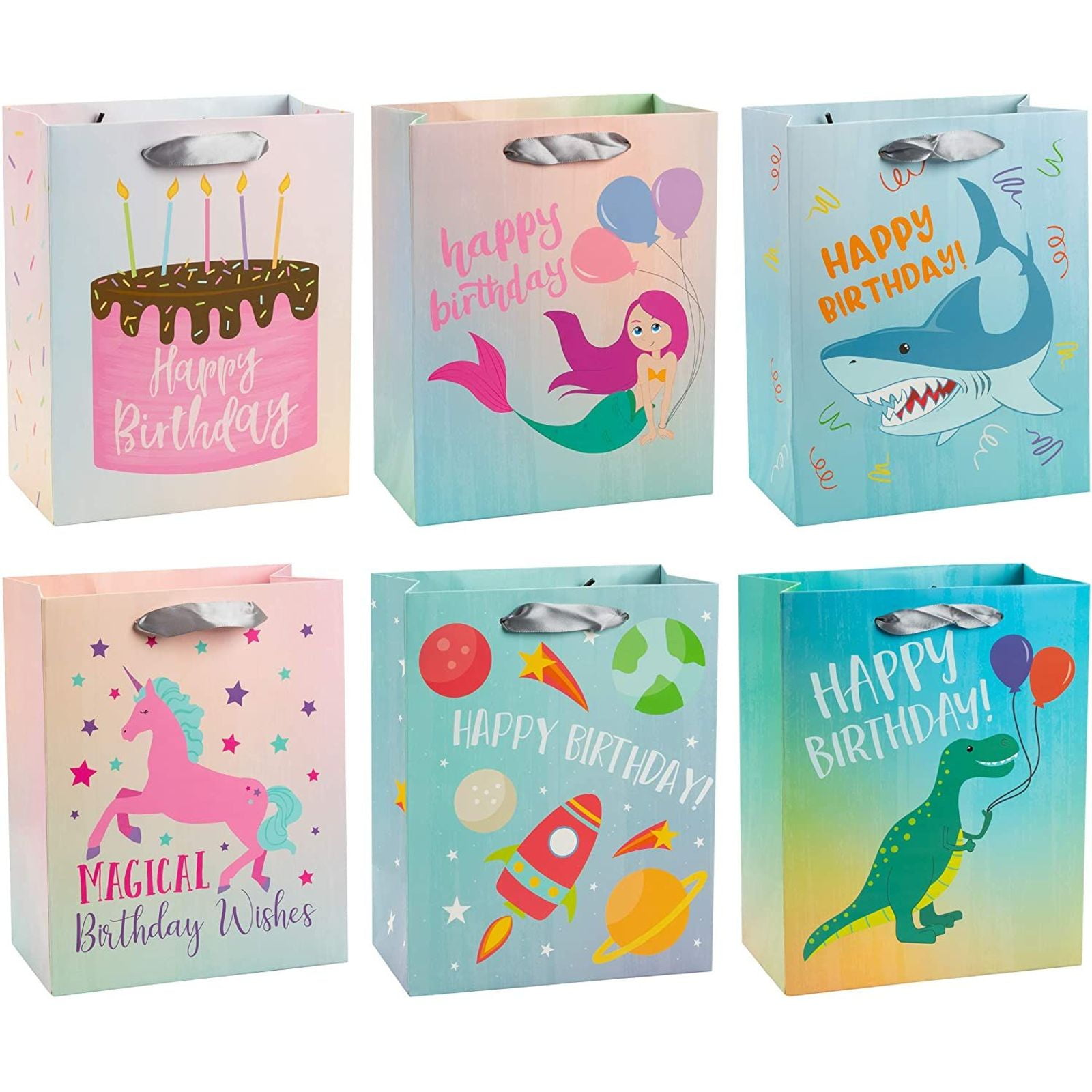 12 Pack Happy Birthday Paper Gift Bags with Handles, Unicorn Mermaid Outer Space & Dinosaur Kids Party Favor Wrap, 10 x 8 x 4.5 in