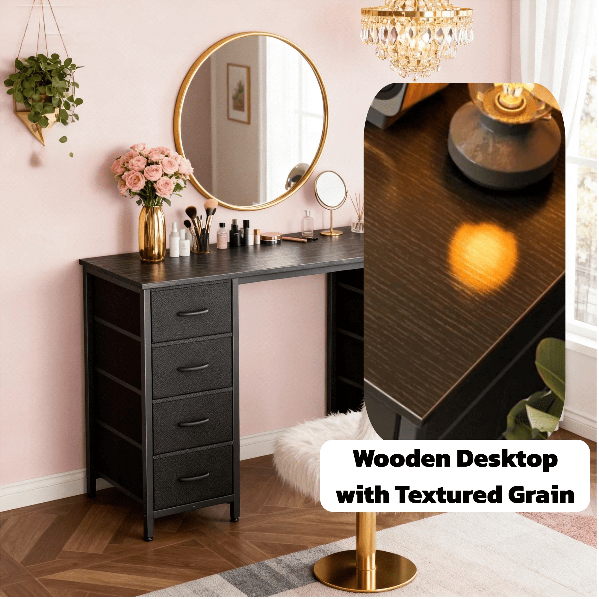 CONCETTA 47 Inch Computer Desk with 8 Fabric Drawers, Home Office Desk Workstation for Study & Gaming, Large Storage Writing Desk, Sturdy Metal Frame, Black