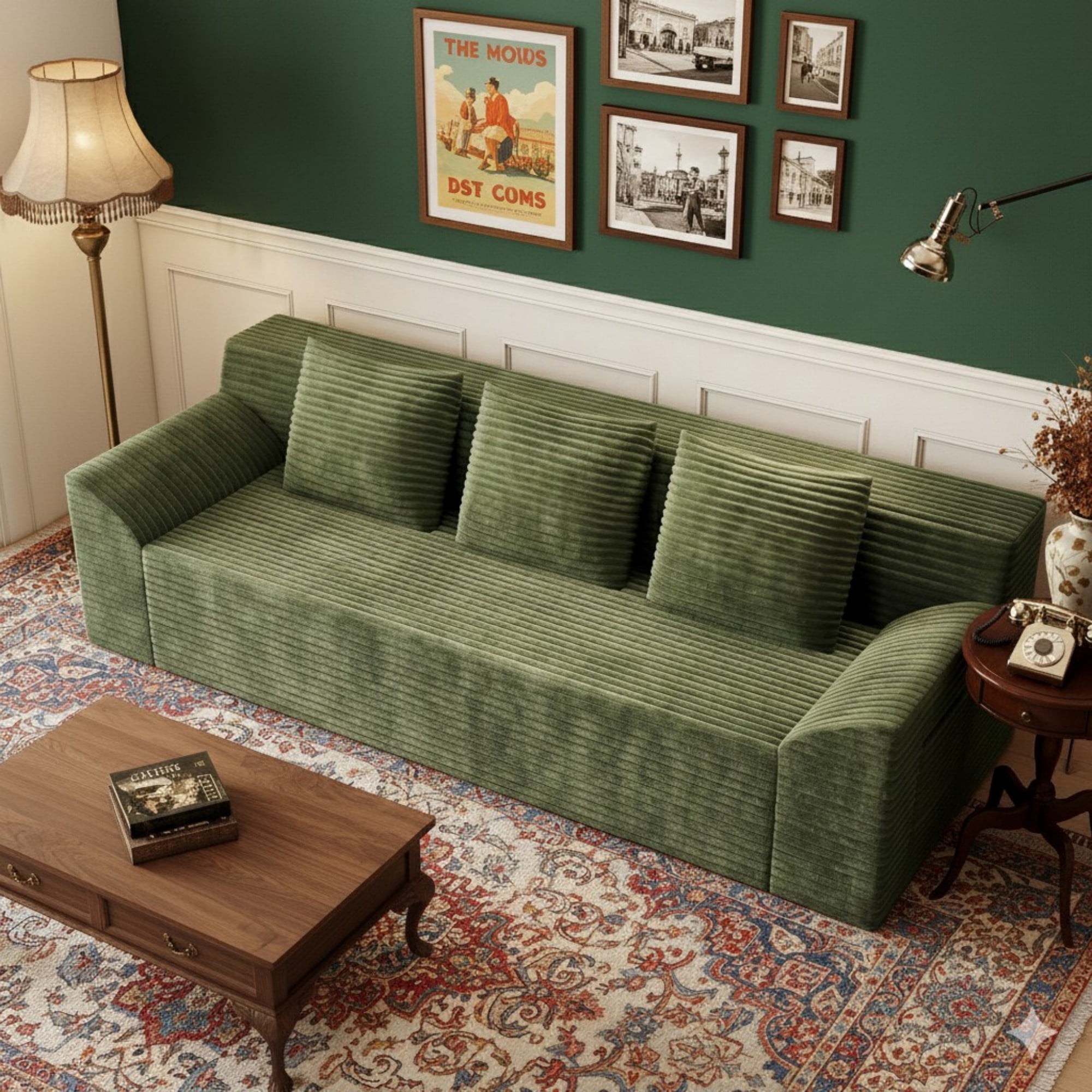 Aukfa 71" 3 Seater Sofa, Corduroy 26" Deep Seat Cloud Couch, No Assembly Boneless Sofa for Living Room, Bedroom, Apartment, Green