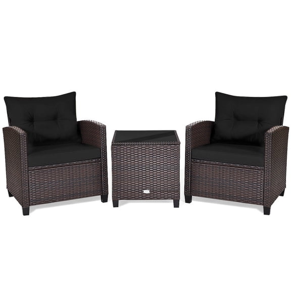 Biotree Patio Furniture Set 3 Piece Rattan Conversation Set Two Cushioned Chairs with Coffee Table for Garden Backyard Porch, Black