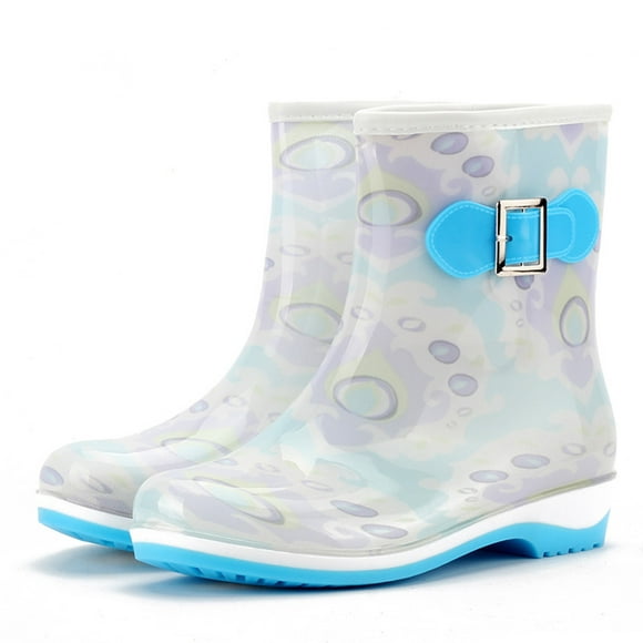 jovati Women Waterproof Rain Shoes Fashion Plastic Low Heel Jelly Color Hasp High Boots