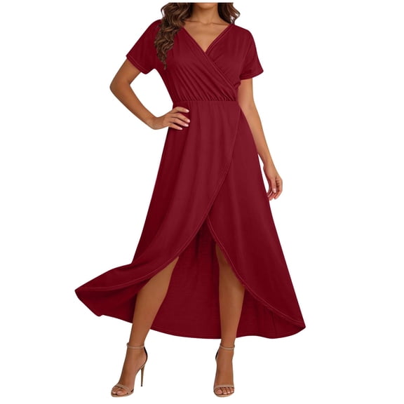 Htigea Summer Flowy Long Dress for Women Wrap V Neck Short Sleeve Dresses Soft Comfy Casual Dress Wine S