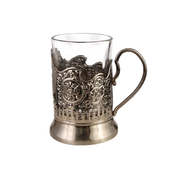 Combination of 2 Russian Cuts Crystal Drinking Tea Glasses with Metal Glass Holders Podstakannik for Hot or Cold Liquids