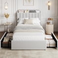thumbnail image 1 of Tamaño individual marco de cama con almacenamiento cabecero para niños' cama con 2 cajones bouclé forrado cama de plataforma con estante de libros no necesita colchón base fácil montaje gris, 1 of 9