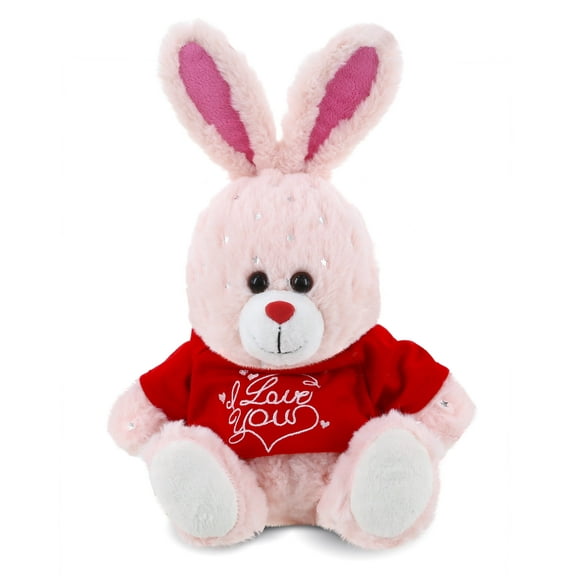 DolliBu I LOVE YOU Rose Gold Bunny Plush- Cute Stuffed Animal with Red Shirt For Valentine, Anniversary, Romantic Date, Boyfriend, or Girlfriend Gift - 8 Inches