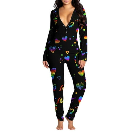 

Womens Sexy Onesie Pajamas Jumpsuits Butt Flap Functional Bodysuit Valentines Day Love Print Button Slim Fit Rompers