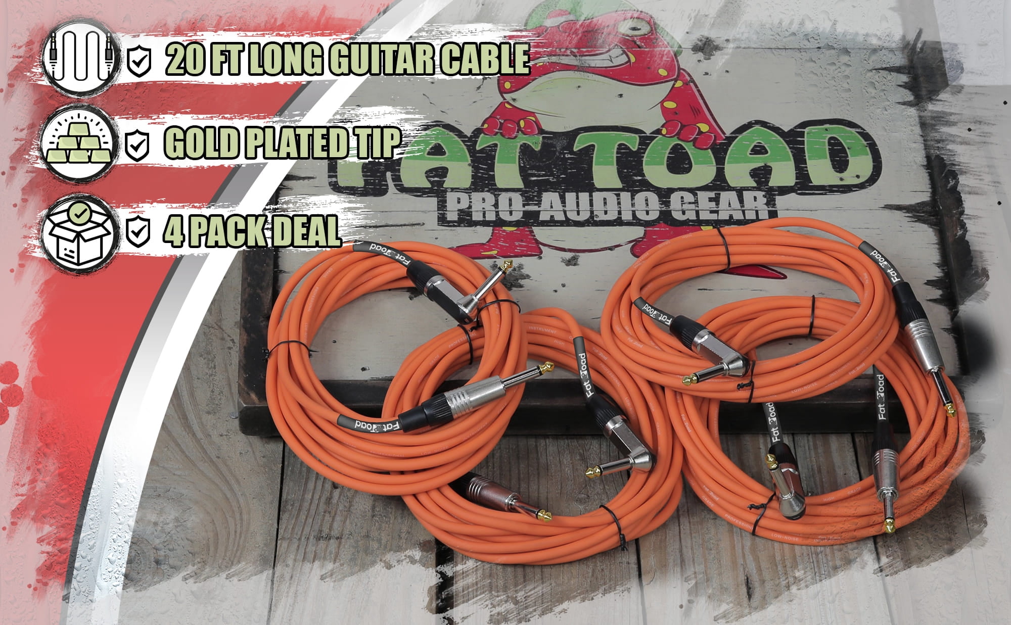 Guitar Cords (4 Pack) Right Angle Instrument Cable by Fat Toad 20FT 1/4 Inch Straight-End Wires for Electric Guitar, Bass, Keyboards & Music Sound Recording Studio Shielded 24 AWG Patch Conductor