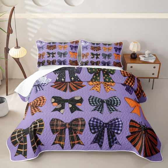 Homewish Kawaii Bow Twin Quilt Set,Colorful Plaid Bowknot Print Twin Coverlet Set,2pcs