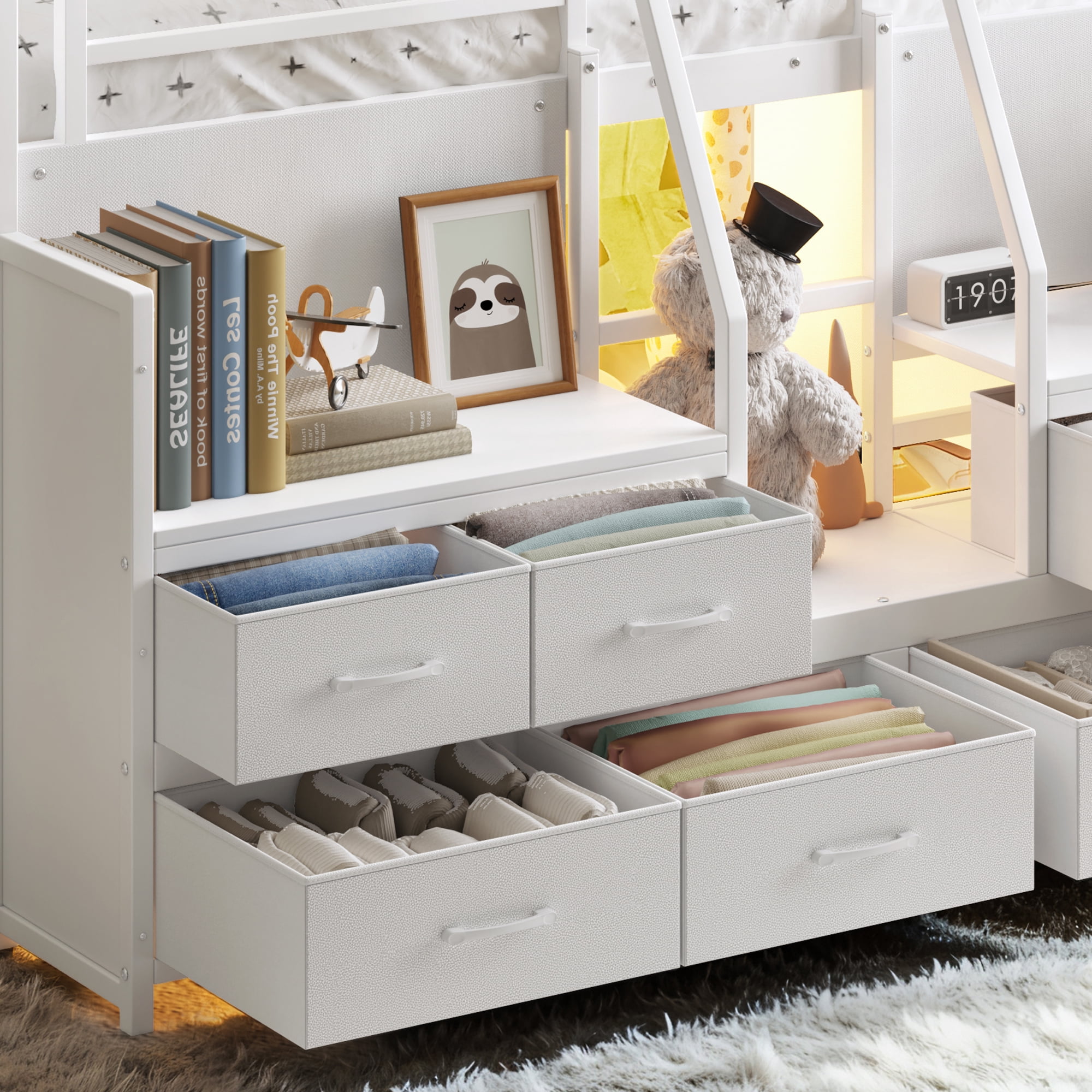 Leumius Full Size Loft Bed with Multi-storage Spaces,Metal Low Loft Bed with Storage Drawers, Shelves,LED Lights and Independent Spaces Under Bed,No Box Spring Needed,Light White