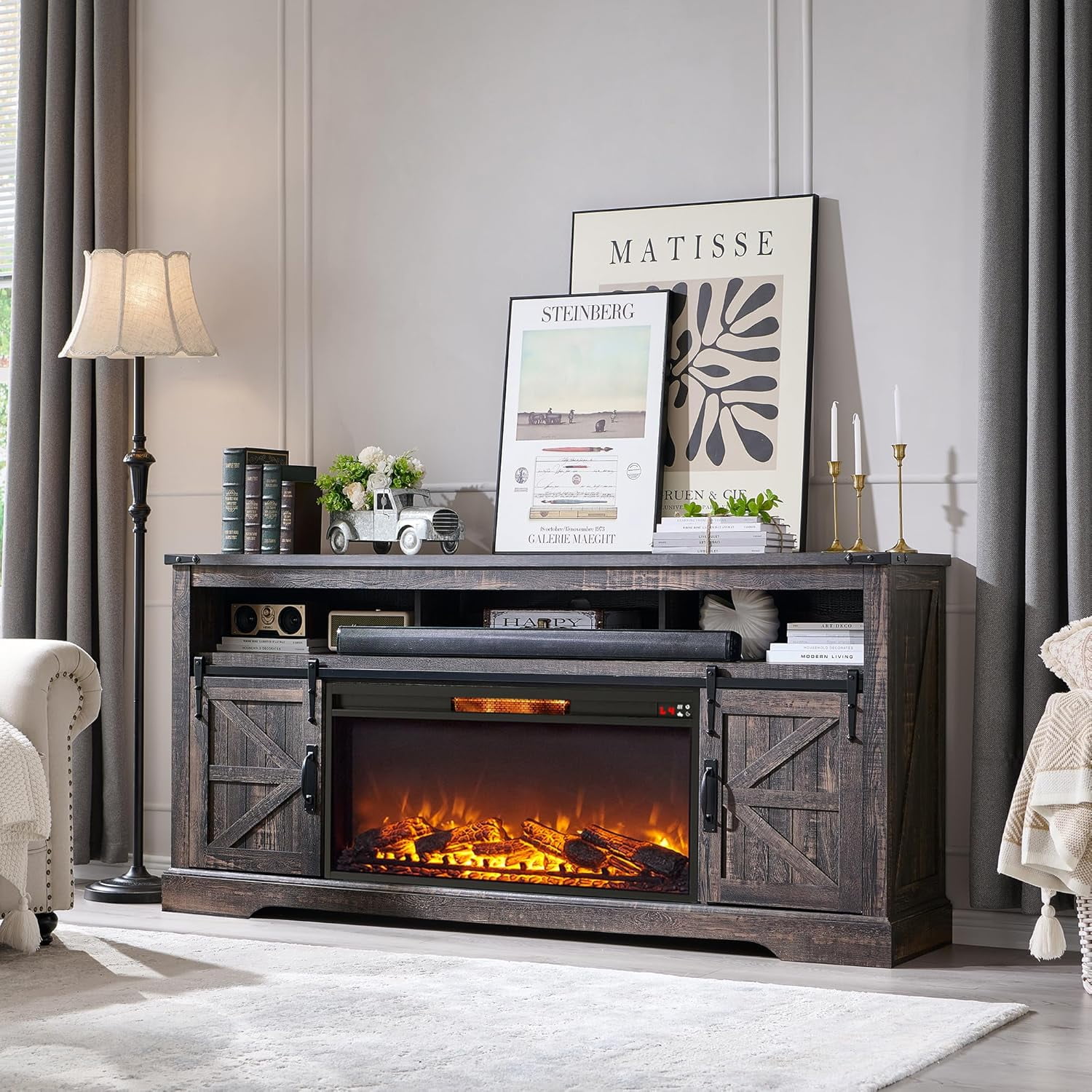 OKD Farmhouse Fireplace TV Stand for 80" TV, Highboy Entertainment Center with 36" Electric Fireplace, Media Console with Sliding Barn Door for Living Room, Dark Rustic Oak