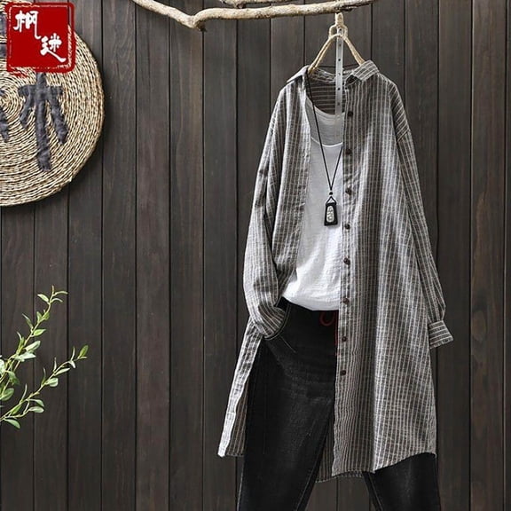 ICHUANYI 2023 Women's Striped Print Shirts Mid-long Cotton Linen Long Sleeve Button Down Blouses V Neck Casual Work Tops with Pocket