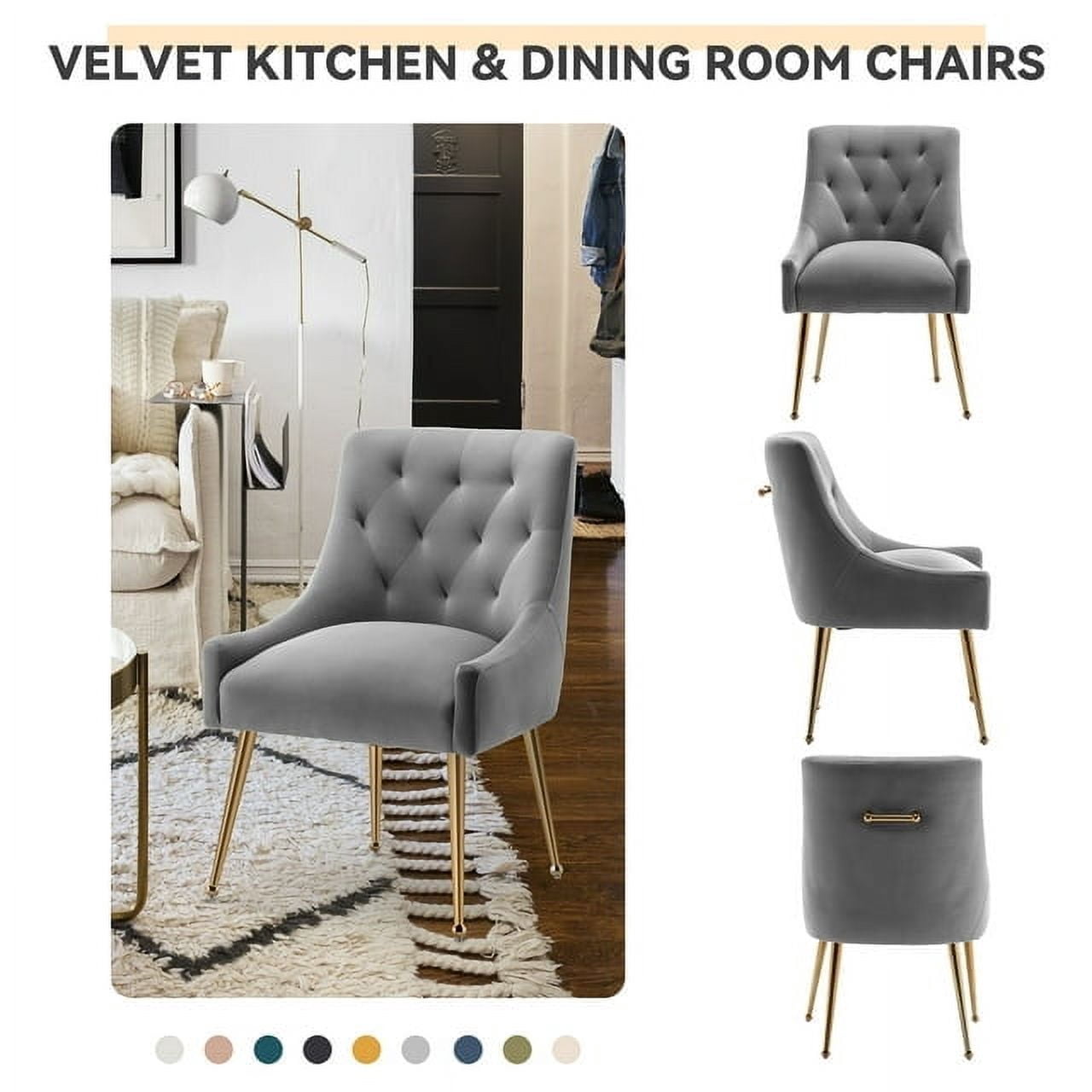 SEYNAR Modern Velvet Dining Chairs Set of 2, Tufted Back Accent Chair for Living Room,Grey