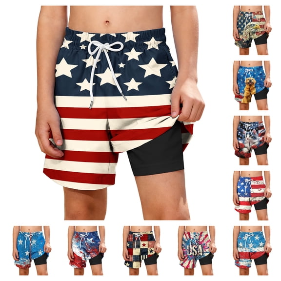 Afuyipoi Swim Trunks for Boys Size 10-12,Double-layered with Pockets Twin Layer Play Patriot Stripe Independence Day Shorts