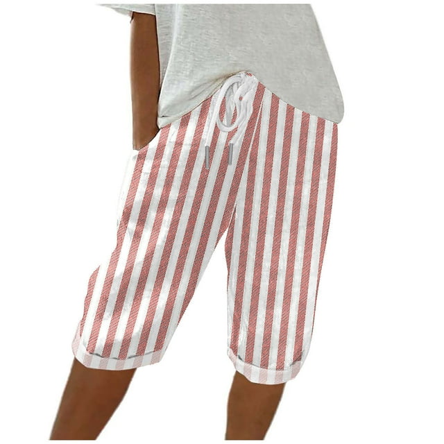 Yanlir Shorts Décontractés à Rayures Élastiques avec Cordon de Serrage pour Femmes, Jambes Larges, Taille Élastique avec Poche, Demi-Shorts (Rouge, P)