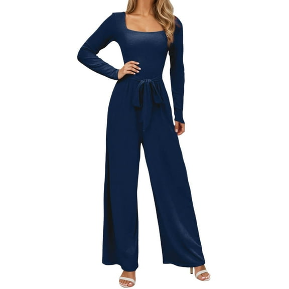 sususu Women's Jumpsuit Long Sleeve Square Neck Belted Wide Leg Romper Outfit Elegant Casual Loose Overalls,Navy,S