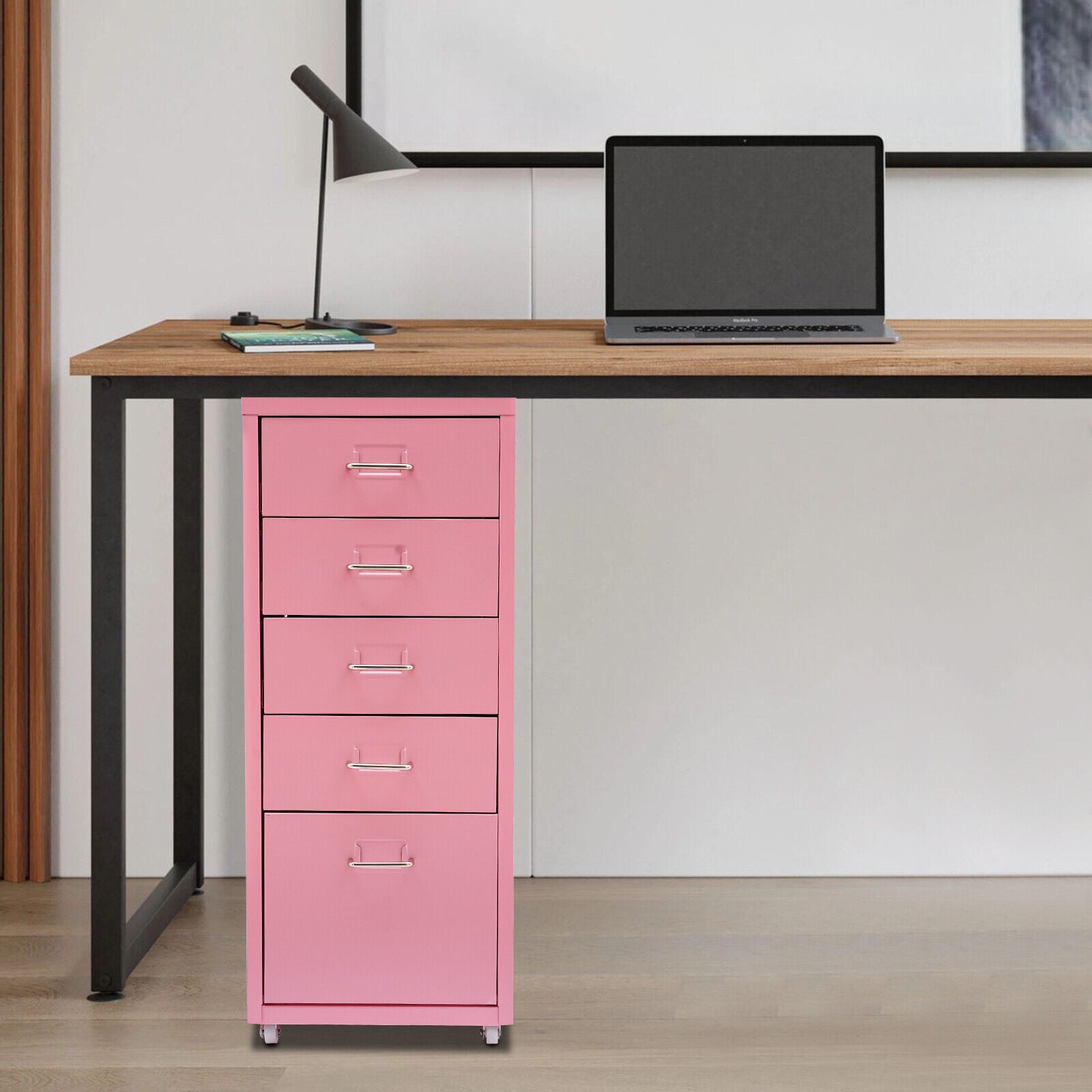 Metal File Storage Cabinet 5 Drawer Under Desk Filing Cabinets with Wheels Pink