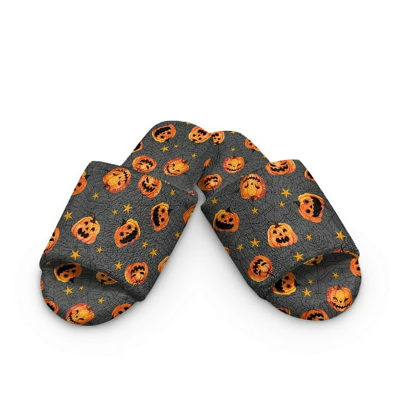 Xoenoiee Pumpkin Star Spider Web Print Cotton House Slippers for Women Halloween Open Toe Slippers Breathable Bedroom Indoor Shoes with Memory Foam, 4.5-5 Women/3.5-4.5 Men
