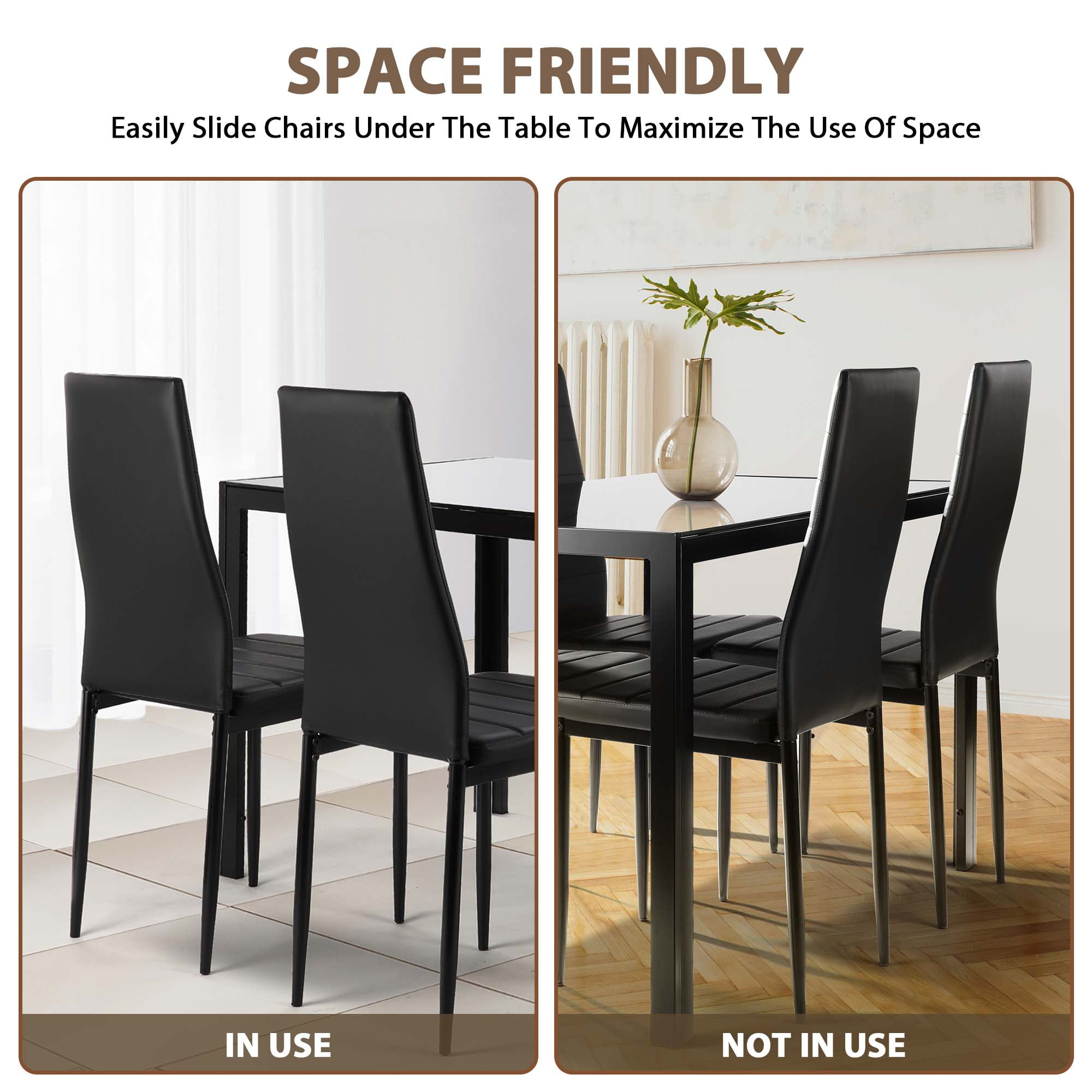 Aukfa 5-Piece Dining Table Set for Dining Room, Kitchen, Dinette, w/Glass Tabletop, 4 Faux Leather Metal Frame Chairs - Black