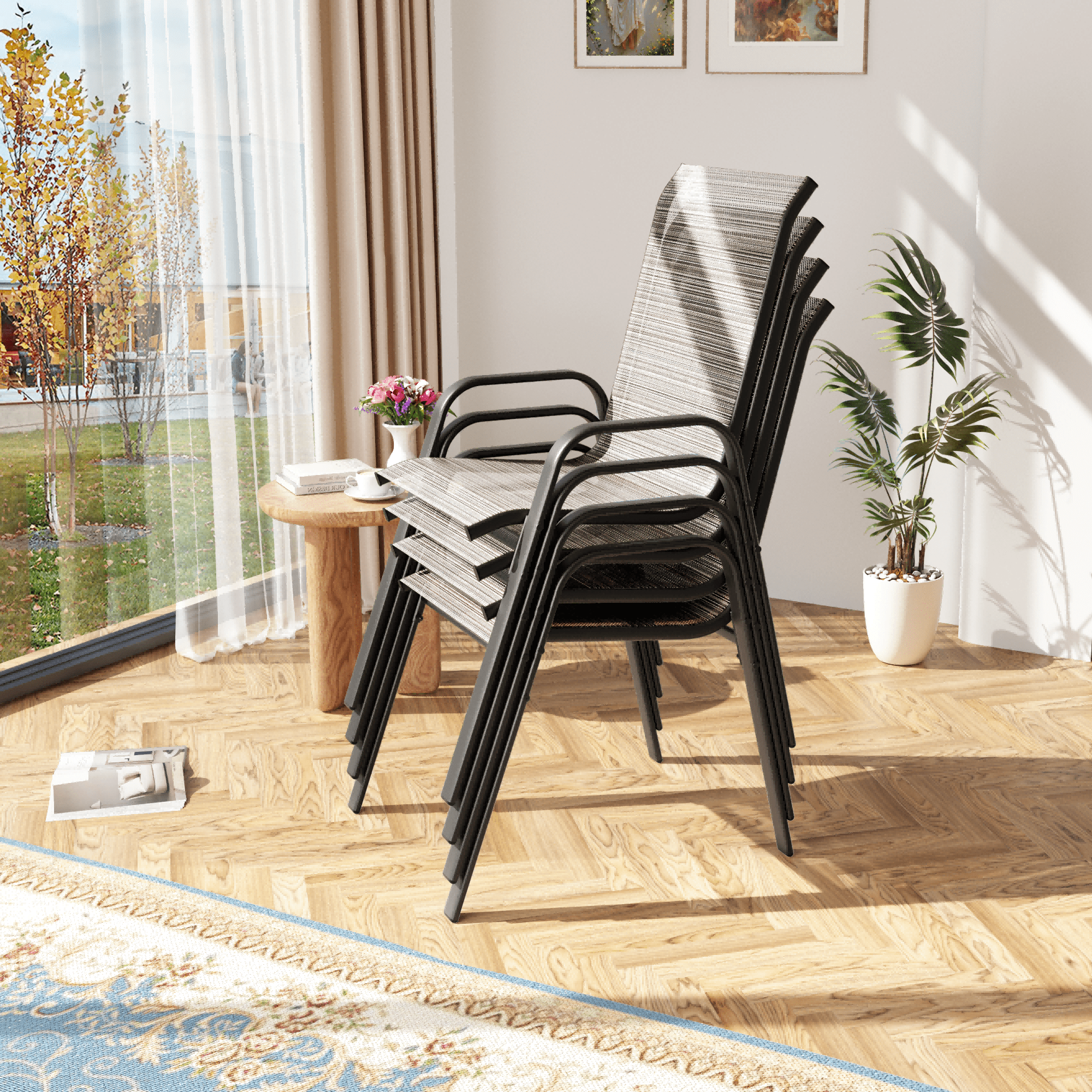 ALAULM Stackable Patio Chairs Set of 8, Outdoor Furniture Chairs with All Weather Breathable Textilene & Metal Frame, Outdoor Furniture Set for Lawn Garden Backyard, Brown