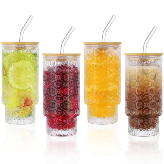 4 Pack 10.8 Oz Reusable Glass Tumblers with Bamboo Lids & Glass Straws, Dishwasher Safe for Drinks, Ideal for Home, Cafe & Gifts